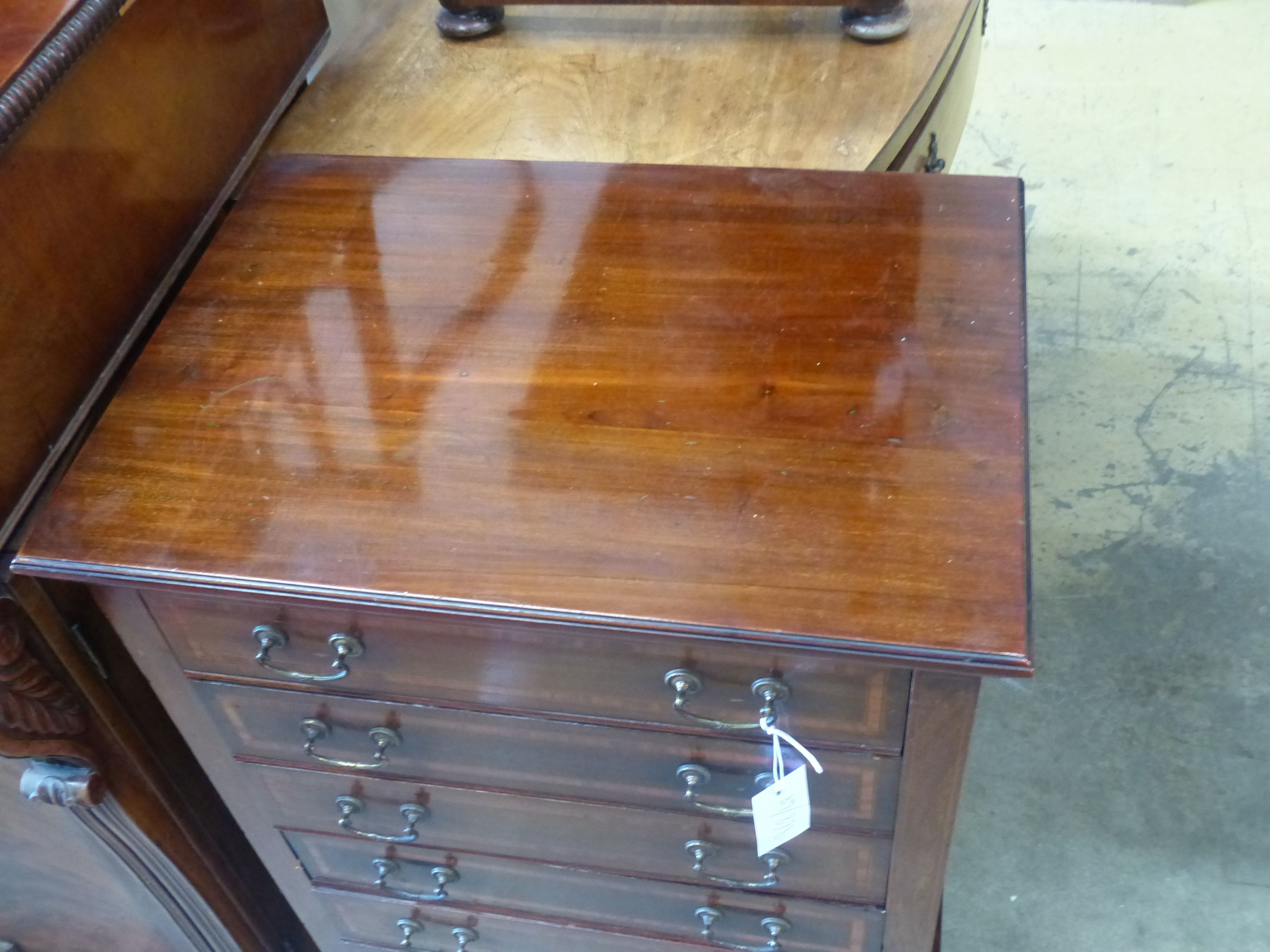 An Edwardian satinwood banded mahogany sheet music cabinet, width 53cm, depth 38cm, height 86cm